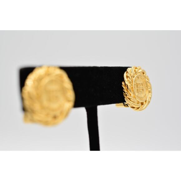 Givenchy Vintage Logo Clip On Earrings 4G Coin Round Gold Signed 80s 1980s BinAI - Picture 5 of 12